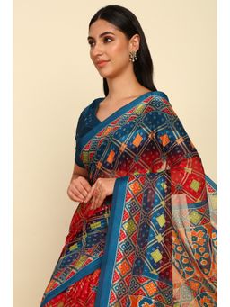 Soch - Womens Red Chiffon Bandhani Print Saree with Unstitched Blouse
