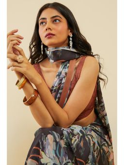 Soch - Women's Black Floral Print Crepe Saree with Unstitched Blouse