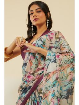 Soch - Women's Wine Floral Print Crepe Saree with Unstitched Blouse