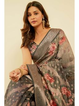 Soch - Women's Grey Floral Print Jacquard Chanderi Saree with Unstitched Blouse