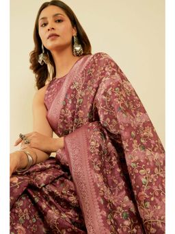 Soch - Women's Wine Floral Print Chanderi Jacquard Saree with Unstitched Blouse