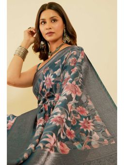 Soch - Women's Teal Floral Print Jacquard Chanderi Saree with Unstitched Blouse
