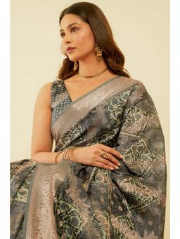Soch - Women's Charcoal Chanderi Jacquard Saree With Ethnic Print with Unstitched Blouse