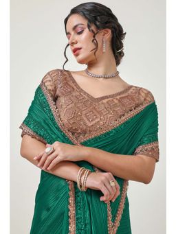 Soch - Women'S Green Chiffon Striped Copper Lace Border Saree with Unstitched Blouse