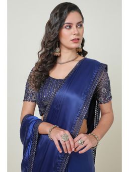 Soch - Women'S Navy Blue Organza Plain Lace Border Saree