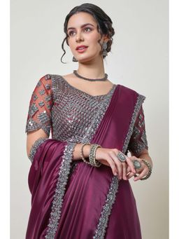 Soch - Women'S Wine Organza Embellished Lace Border Saree