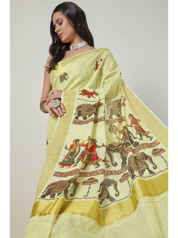 Soch - Women's Cream Tissue Kasavu Saree with Unstitched Blouse