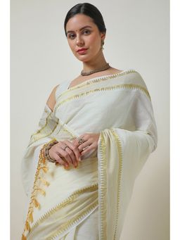 Soch - Women's Cream Cotton Blend Zari Woven Saree With Unstitched Blouse