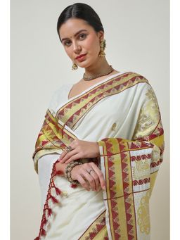 Soch - Women's Cream Cotton Blend Woven Saree With Unstitched Blouse
