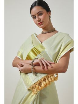 Soch - Women's Green Tissue Zari Woven Kasavu Saree With Unstitched Blouse