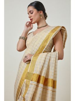Soch - Women's Beige Tissue Woven Design Checks Kasavu Saree With Unstitched Blouse
