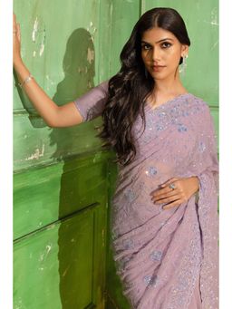 Soch - Womens Lavender Georgette Embroidered Sequins Work Saree with Unstitched Blouse
