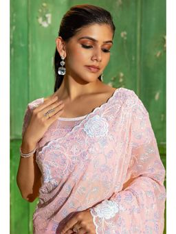 Soch - Womens Pink Georgette Sequins Work Saree with Unstitched Blouse
