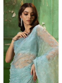 Soch - Womens Powder Blue Organza Embroidered Stones & Sequins Saree with Unstitched Blouse