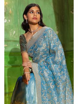 Soch - Womens Powder Blue Organza Embroidered Sequins Work Saree with Unstitched Blouse