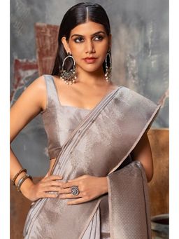 Soch - Womens Silver Tussar Woven Design Tassels Saree with Unstitched Blouse