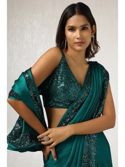 Soch - Women Teal Satin Saree with Unstitched Blouse