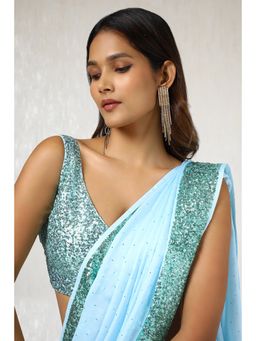 Soch - Women Powder Blue Satin Saree with Unstitched Blouse