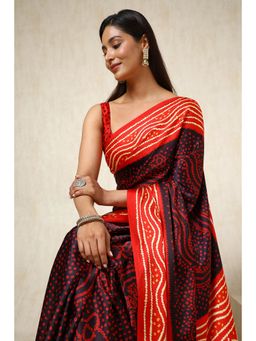 Soch - Women Navy Blue Crepe Bandhani Print Saree with Unstitched Blouse