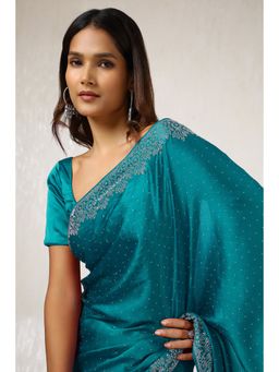 Soch - Women Teal Satin Saree with Unstitched Blouse