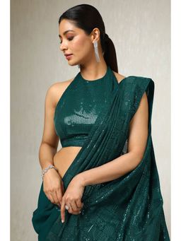 Soch - Women's Green Georgette Embellished Saree with Unstitched Blouse