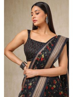 Soch - Womens Black Cotton Blend Floral Print Saree with Unstitched Blouse
