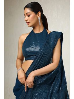 Soch - Womens Teal Sequined Embellished Georgette Saree with Unstitched Blouse