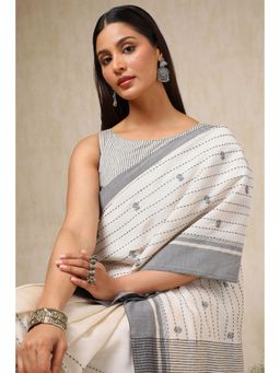 Soch - Womens Cream Tussar Kantha Embroidered Saree with Unstitched Blouse