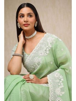 Soch - Womens Light Green Organza Embroidered Saree with Unstitched Blouse