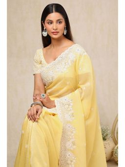 Soch - Womens Yellow Organza Embroidered Saree with Unstitched Blouse
