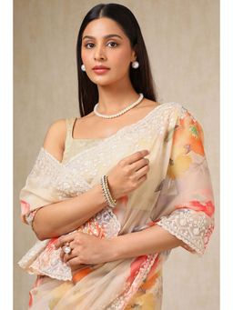 Soch - Womens Beige Floral Print Embroidered Saree with Unstitched Blouse