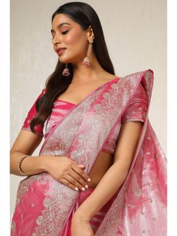 Soch - Women's Onion Pink Organza Embroidered and Stone Work Saree with Unstitched Blouse