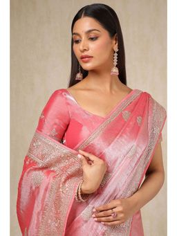 Soch - Women's Peach Organza Embroidered and Stone Work Saree with Unstitched Blouse