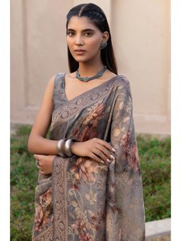 Soch - Women's Grey Chanderi Floral Print Saree with Unstitched Blouse