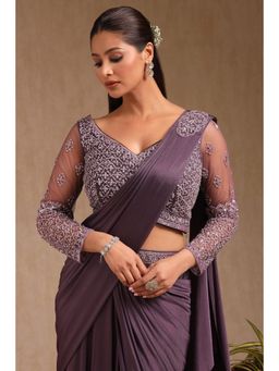 Soch - Women Mauve Nylon Blend Solid Ready To Wear Saree with Stitched Blouse