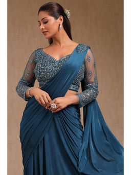 Soch - Women Teal Nylon Blend Solid Ready To Wear Saree with Stitched Blouse