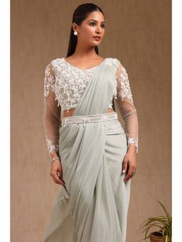 Soch - Women Sap Green Nylon Blend Solid Ready To Wear Saree with Stitched Blouse & Belt