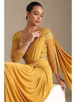 Soch - Women Mustard Nylon Blend Solid Ready To Wear Saree with Stitched Blouse & Belt