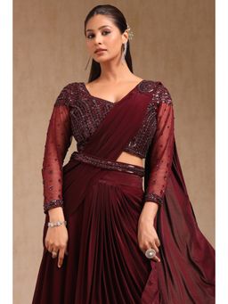 Soch - Women Wine Nylon Blend Solid Ready To Wear Saree with Stitched Blouse & Belt