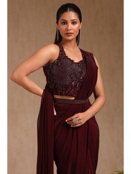 Soch - Women Wine Nylon Blend Solid Ready To Wear Saree with Stitched Blouse & Belt