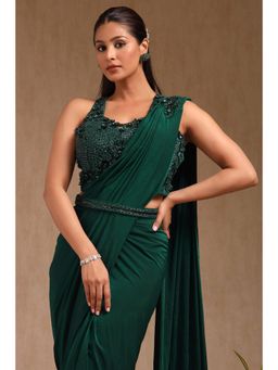 Soch - Women Green Nylon Blend Solid Ready To Wear Saree with Stitched Blouse & Belt