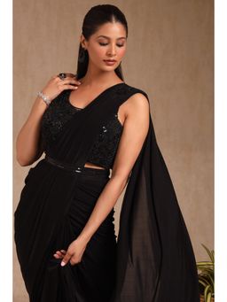 Soch - Women Black Nylon Blend Solid Ready To Wear Saree with Stitched Blouse & Belt