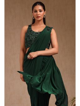 Soch - Women Green Nylon Blend Solid Ready To Wear Saree with Stitched Blouse & Belt
