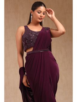 Soch - Women Wine Nylon Blend Solid Ready To Wear Saree with Stitched Blouse & Belt