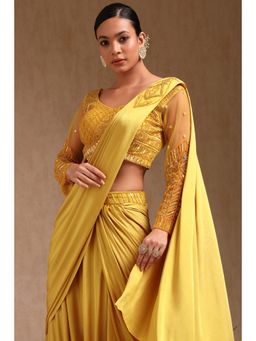 Soch - Women Yellow Nylon Blend Solid Ready To Wear Saree with Stitched Blouse