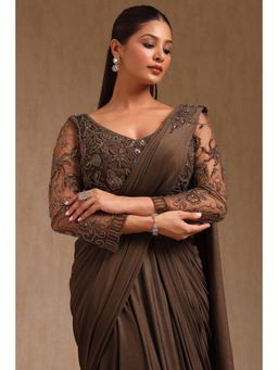 Soch - Women Brown Nylon Blend Solid Ready To Wear Saree with Stitched Blouse