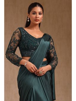 Soch - Women Green Nylon Blend Solid Ready To Wear Saree with Stitched Blouse