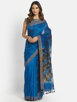 Fabindia - Navy Silk Woven Saree without Blouse