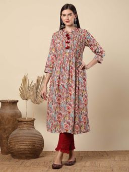 FASHOR - Red Paisley Printed and Pin Tucked A-Line Flared Cotton Kurta