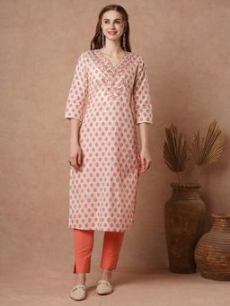 FASHOR - Peach Floral Printed Embroidered Straight Fit Kurta